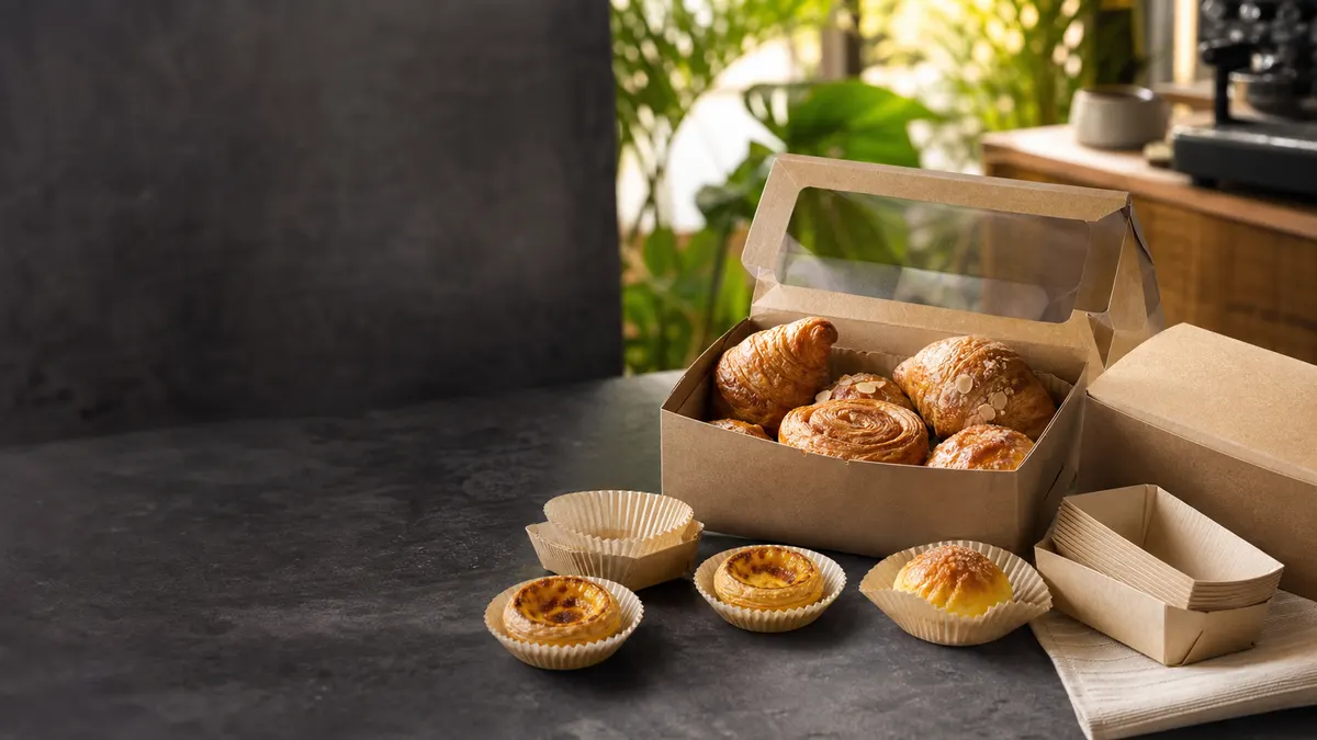Bakery pastries in kraft paper food packaging with window box