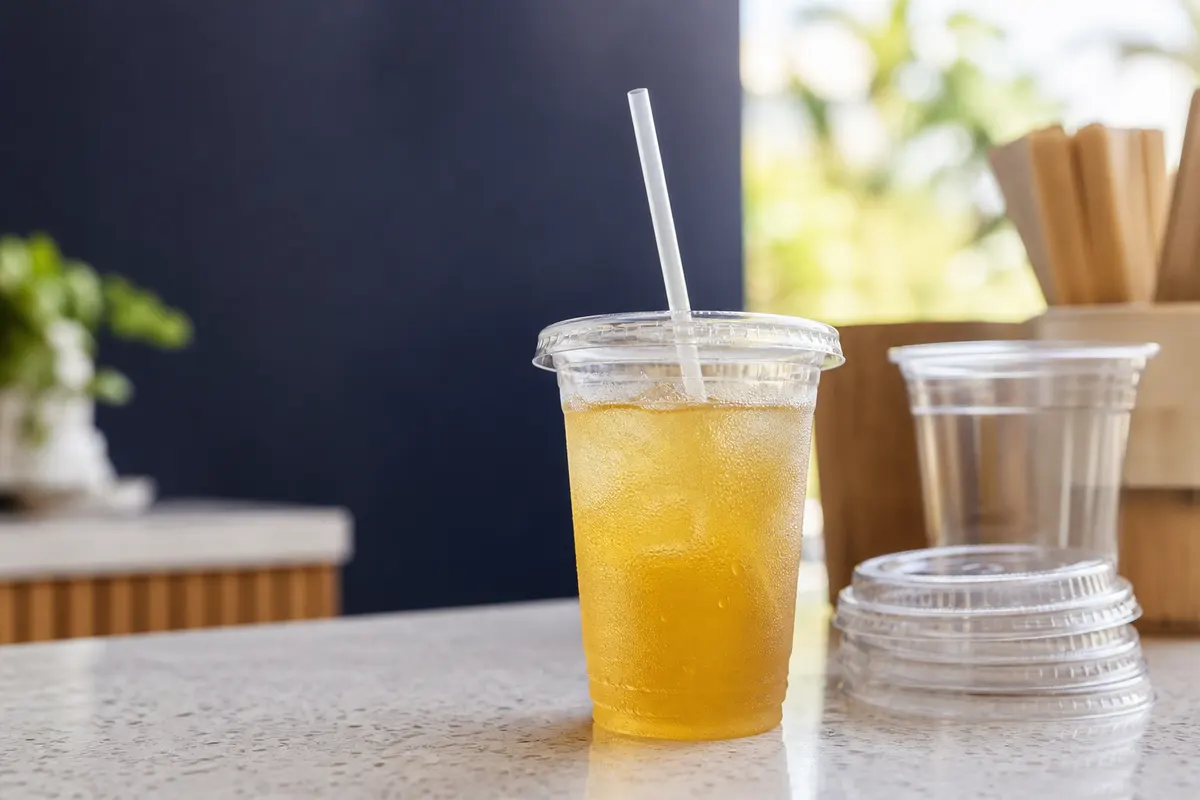 Cold drinks in clear PLA cups with compostable lids