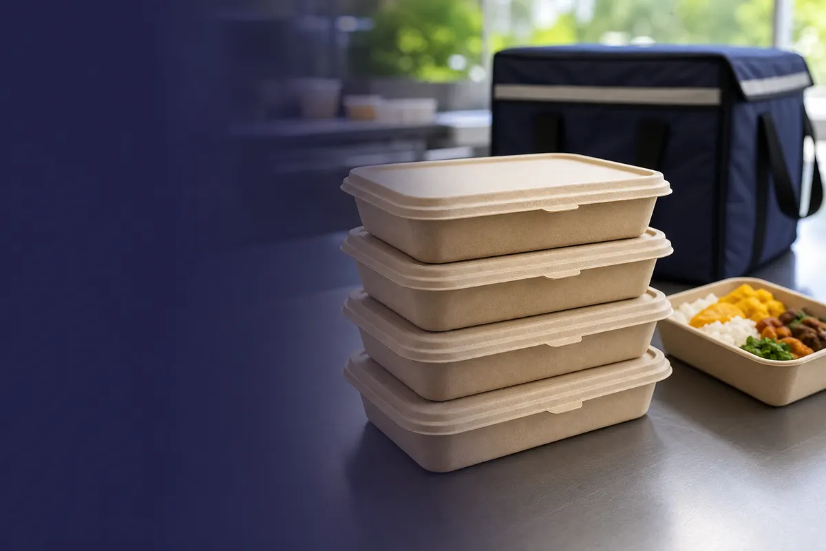 Stacked takeaway containers prepared for food delivery handling
