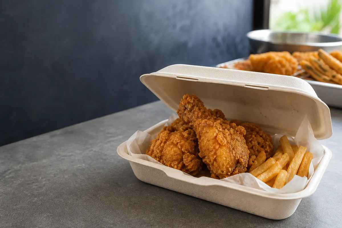 Fried food in vented eco takeaway box with grease resistant liner
