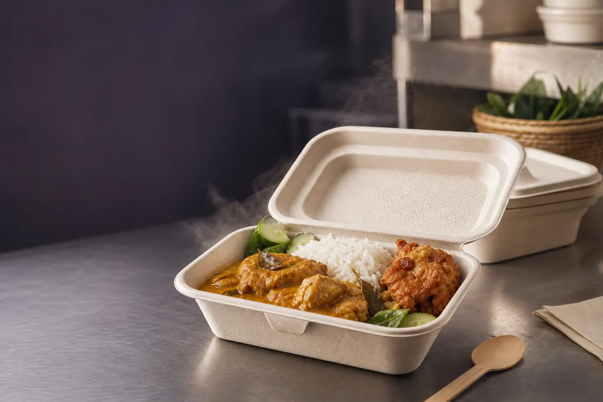 Hot meal in bagasse food container for Malaysian takeaway packaging