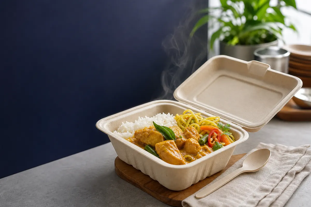 Hot meal container holding heat for Malaysian takeaway packaging