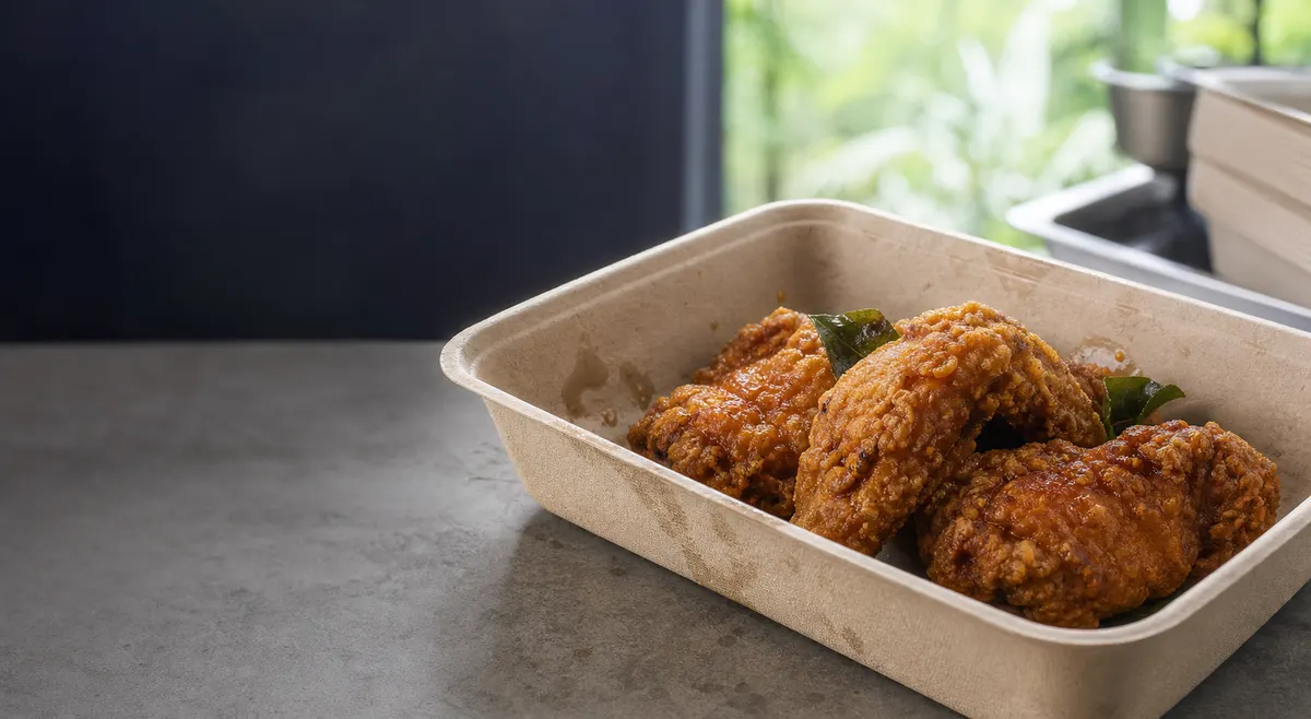 Fried food packaging showing grease resistance for oily takeaway meals