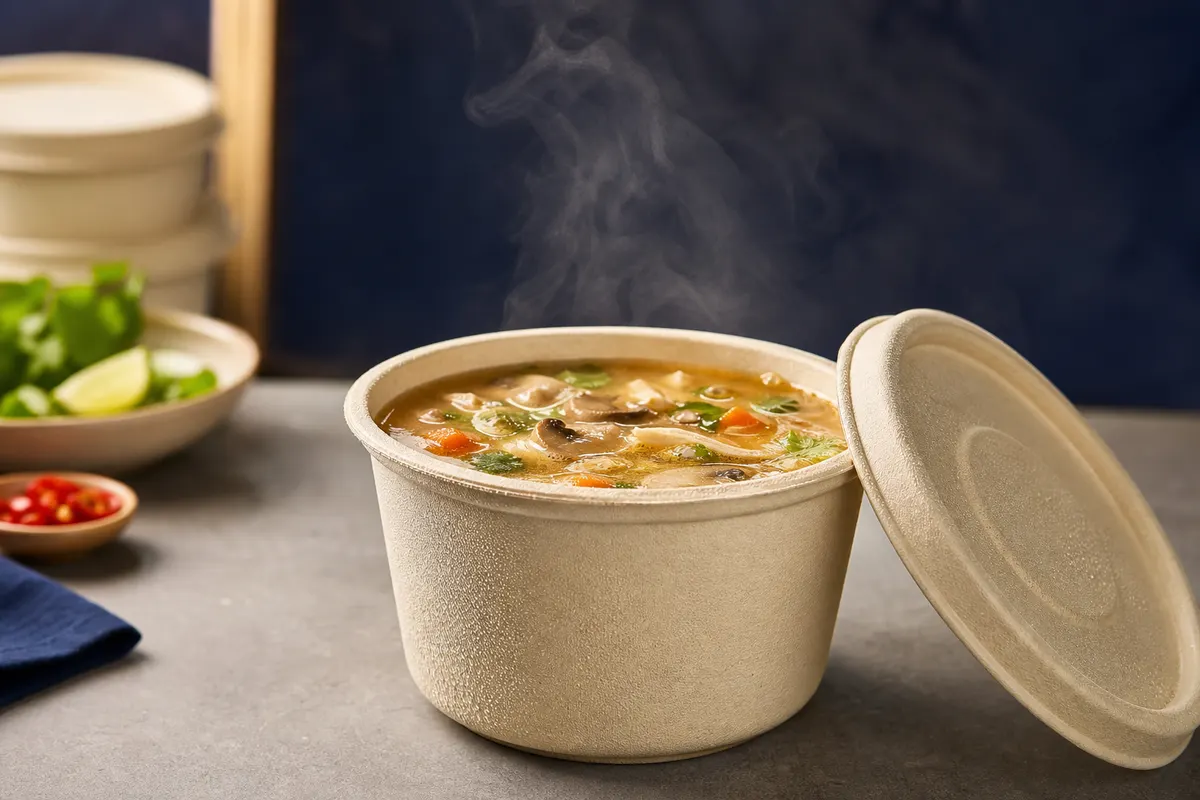 Soup takeaway bowl with tight lid showing leak resistant eco food packaging