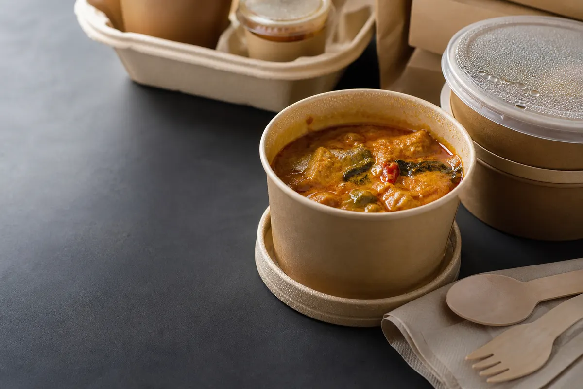 Wet food takeaway container showing leak risk for soup and gravy